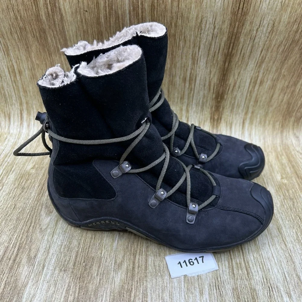 Merrell Forecast Tug Winter Boots Women's Size 8 Black Suede Faux Fur Lined